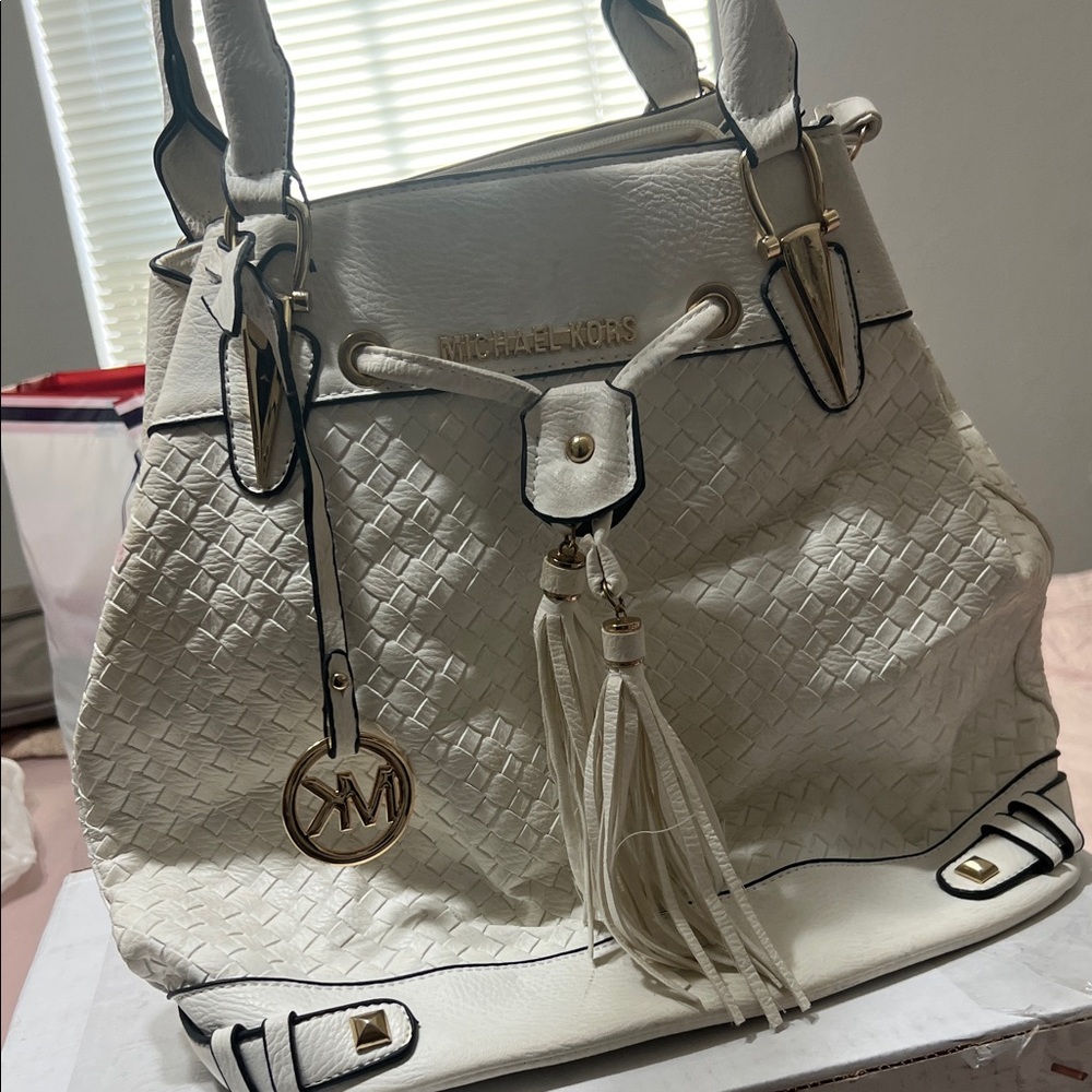 MK Cream Woven Shoulder Bag